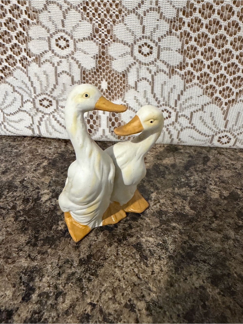 Pair of Ceramic White & Yellow Duck Figurines